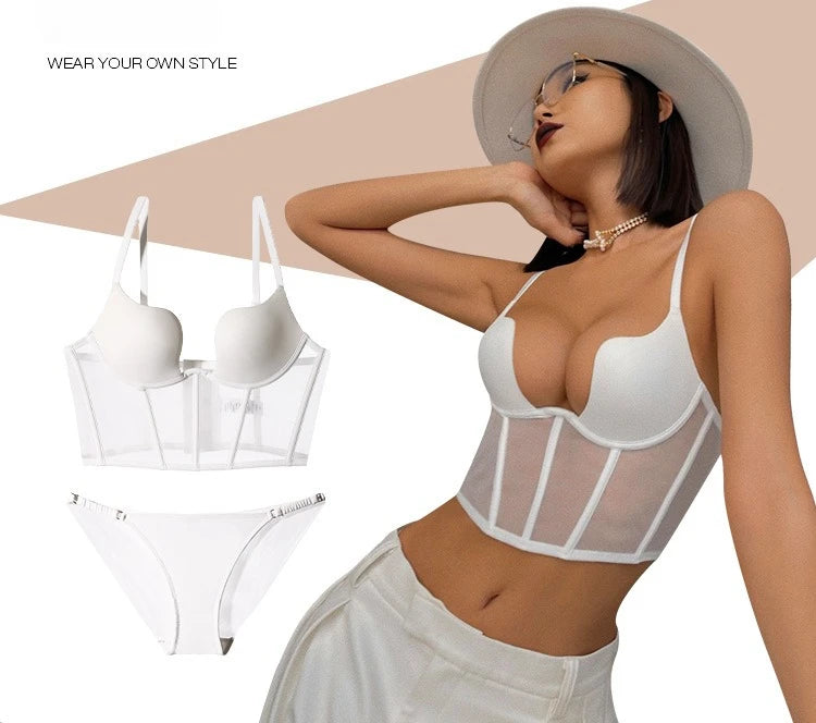 Women Push Up Bra Sets Transparent Lingerie Sexy Shaper Bra Beauty Back Comfortable Underwear Adult's Fishbone Gauze Bralette