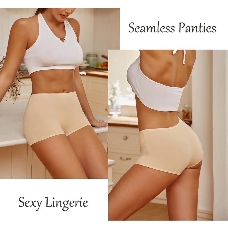 5Pcs/Set Seamless Cotton Boyshorts Panties For Women Solid Color High Waist Elastic Underwear Soft Cozy Breathable Boxer Short