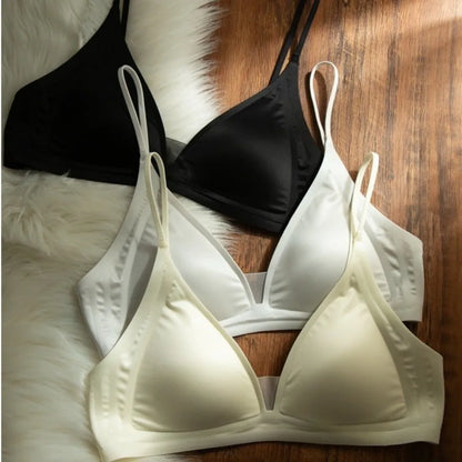 Milk Satin French Deep V-neck Bra Wire Free Soft Support Seamless Bra Backless Design Adjusted Straps Small Chest Bra