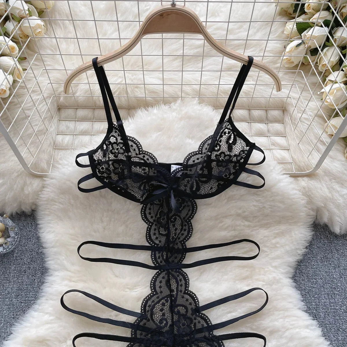 Women' Hollow Lace Camisole Bodysuit V-Neck Backless Sleeveless Erotic Lingerie Slim Fit Bow Pajamas Sexy Black Sheer Playsuit