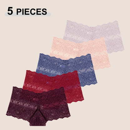 5Pcs/Set Sexy Lace Perspective Panties Solid Color Hollow Out High Waist Star Boyshort Female Elastic Transparents Boxer Shorts
