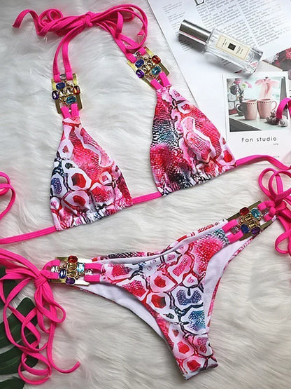 2025 Shiny Rhinestone Diamond Bikini Women Swimsuit Female Swimwear Two Pieces Bikini Set Halter Metal Chains Bathing Suit Swim