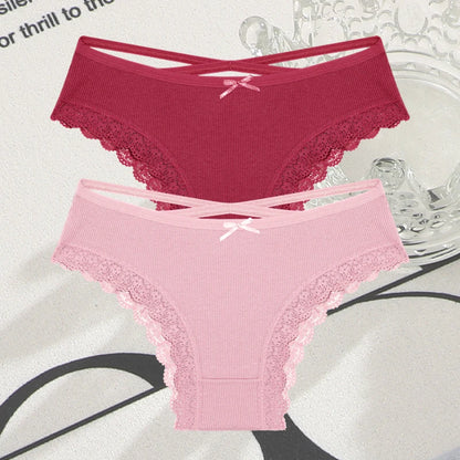 2PCS Cotton Panties for Women Sexy Lace Brazilian Briefs Female Low-Waist Cross Webbing Underpants Stretch Breathable Intimates