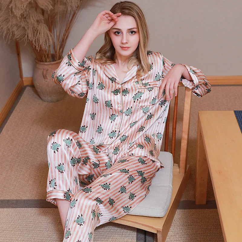 Birdtree Fall 16MM 100%Real Silk Pajama Set Women Satin Print Pyjama Pj Suit Long Sleeve Bedroom Sleepwear Set P36637QC