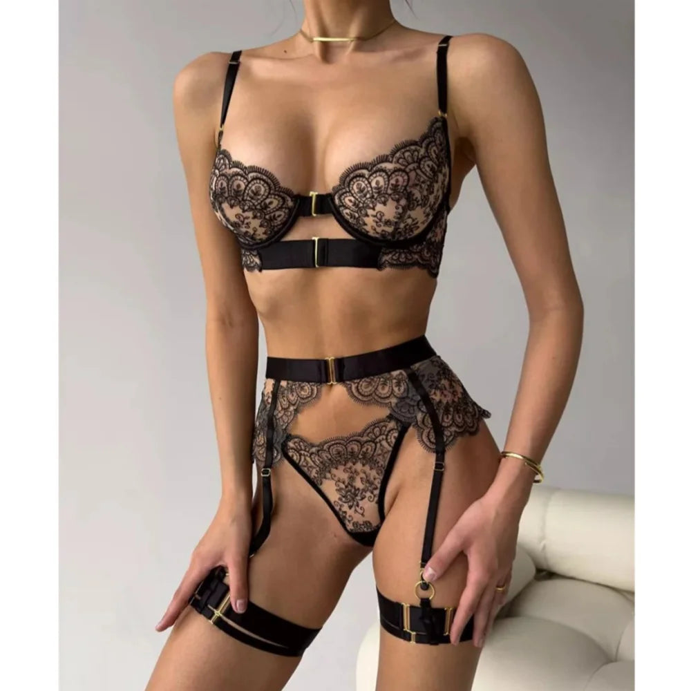Krasapt Luxury Black Flower Embroidery Lingerie 4 Pcs Sets Fancy Mesh Transparent Metal Buckle Bra And Thong Garter Erotic Set
