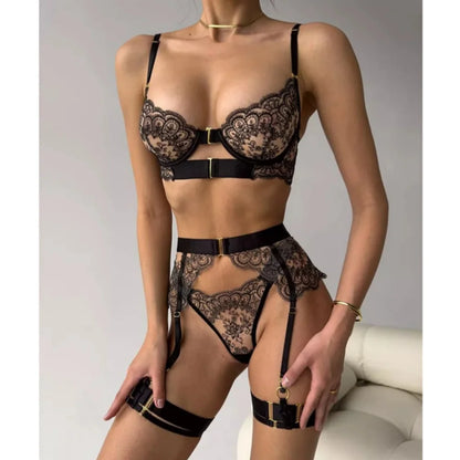 Krasapt Luxury Black Flower Embroidery Lingerie 4 Pcs Sets Fancy Mesh Transparent Metal Buckle Bra And Thong Garter Erotic Set