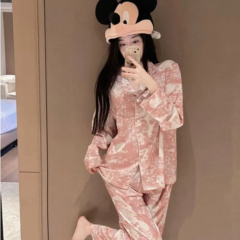 2023 Autumn New Ice Silk Women Pajama Lapel Button Cardigan Outfits for Women 2 Piece Set Fashion Printing Set Clothes for Women