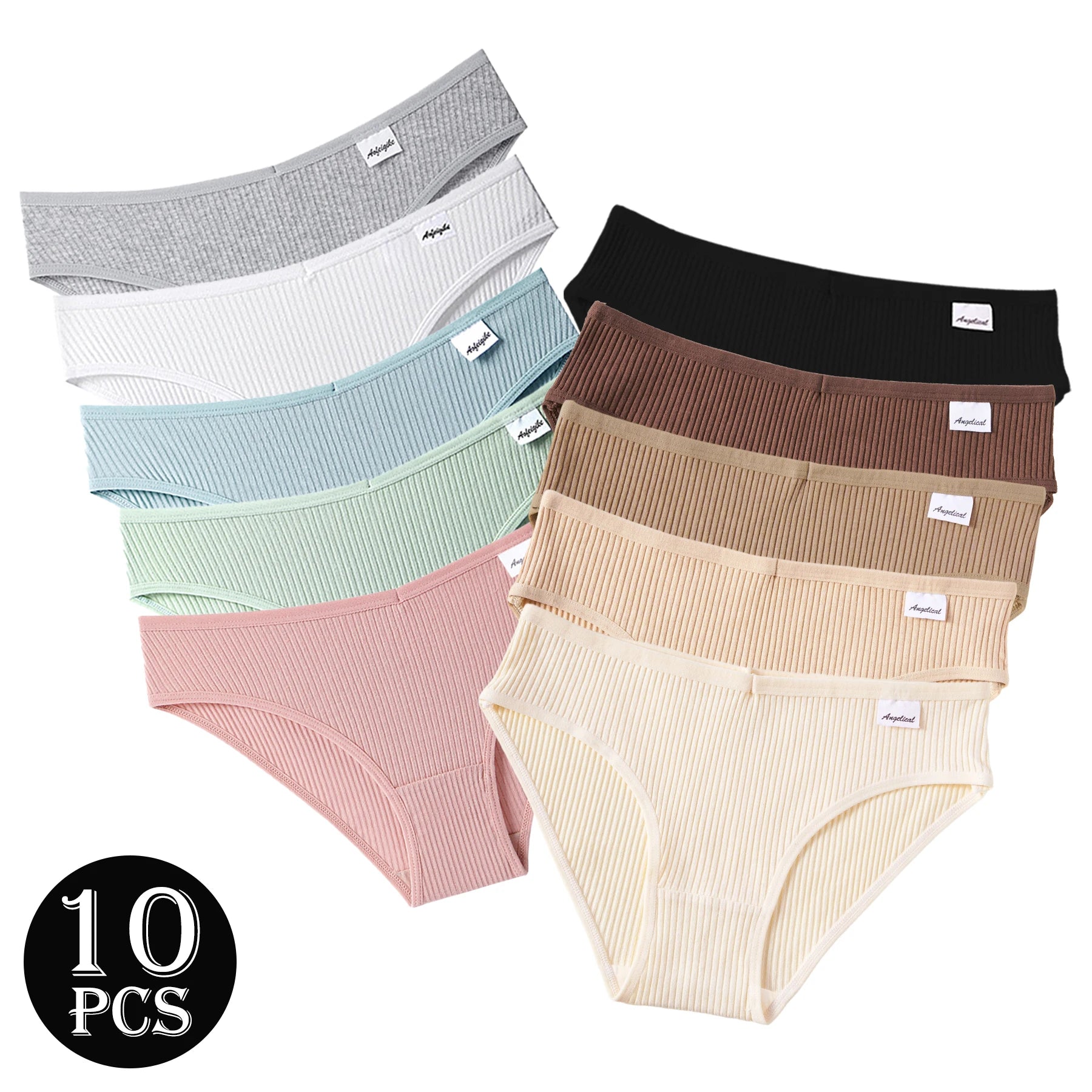 10PCS Women's Pure Cotton Panties Ribbed Briefs Low-Rise Breathable Female Soft Underwear Solid Colors Lingerie Stylish Casual