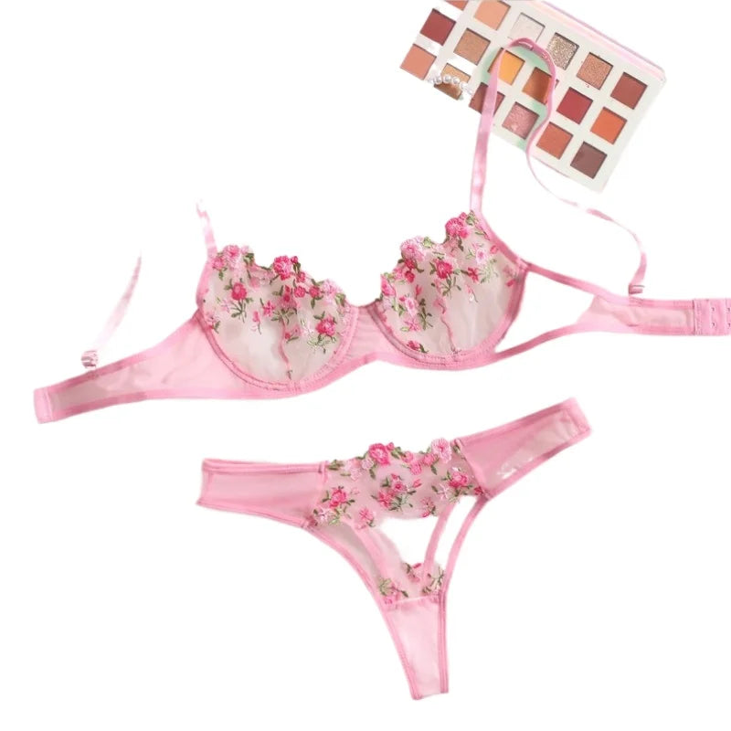 Lingerie Sexy Floral Embroidery Underwear Transparent Lace Short Skin Care Kits Delicate Fairy Set Woman 2 Pieces