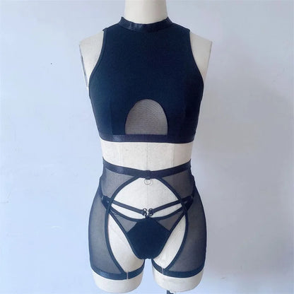 Sexy Lingerie Set Woman 3 Pieces Vest Top Seamless Underwear Garter Belt Set Thong Black Intimate Exotic Sets