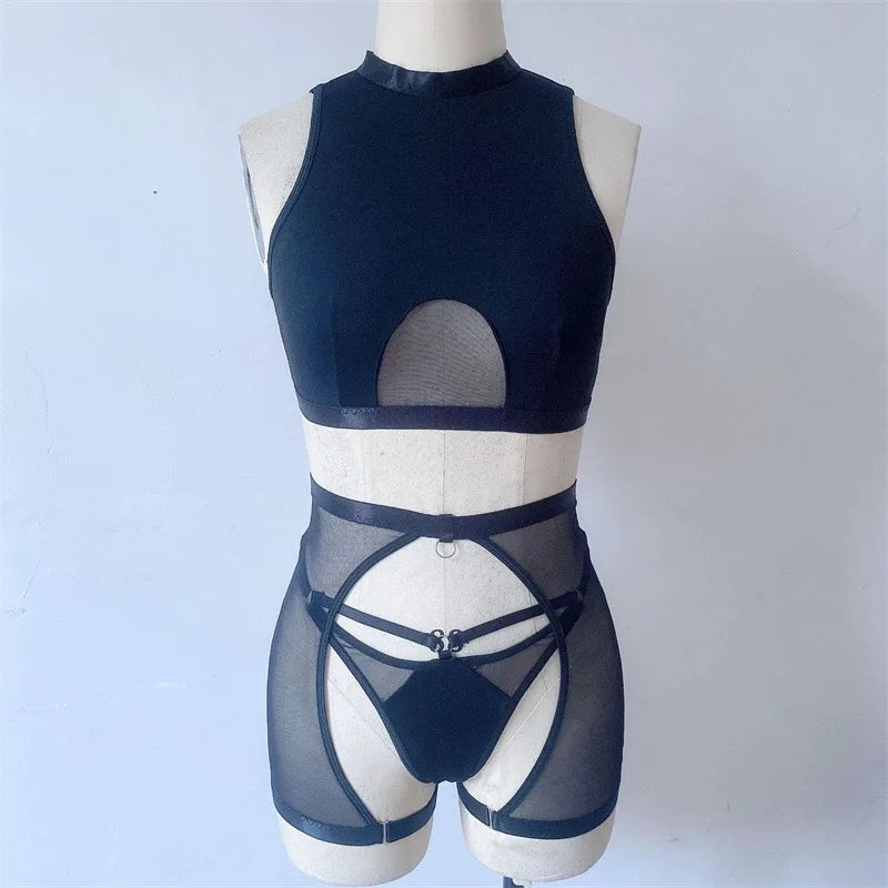 Sexy Lingerie Set Woman 3 Pieces Vest Top Seamless Underwear Garter Belt Set Thong Black Intimate Exotic Sets