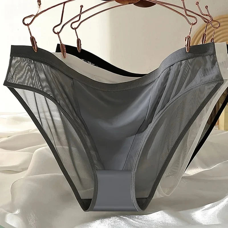 Sexy Mesh Ice Silk Solid Thin Breathable Underwear Middle Waist Elasticity Panties Women Seamless Comfortable Intimate Briefs