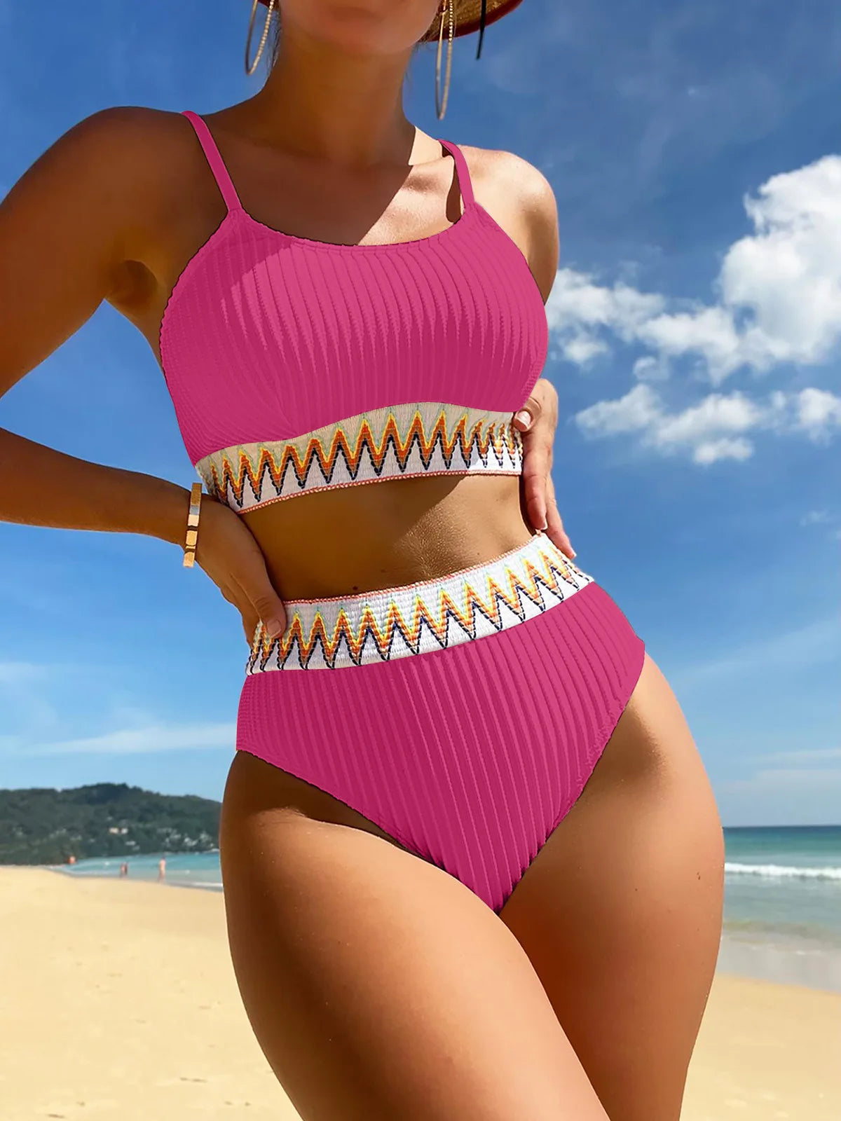 Women High Waisted Bikini Sets Color Block Swimsuits 2 Piece Bathing Suits Tummy Control Sporty Teens