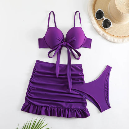 Cikini-Solid Bikini Set, Knot Front Push Up Bra, High Cut Bottom, Ruched Beach Skirt, 3 Piece Bathing Suit