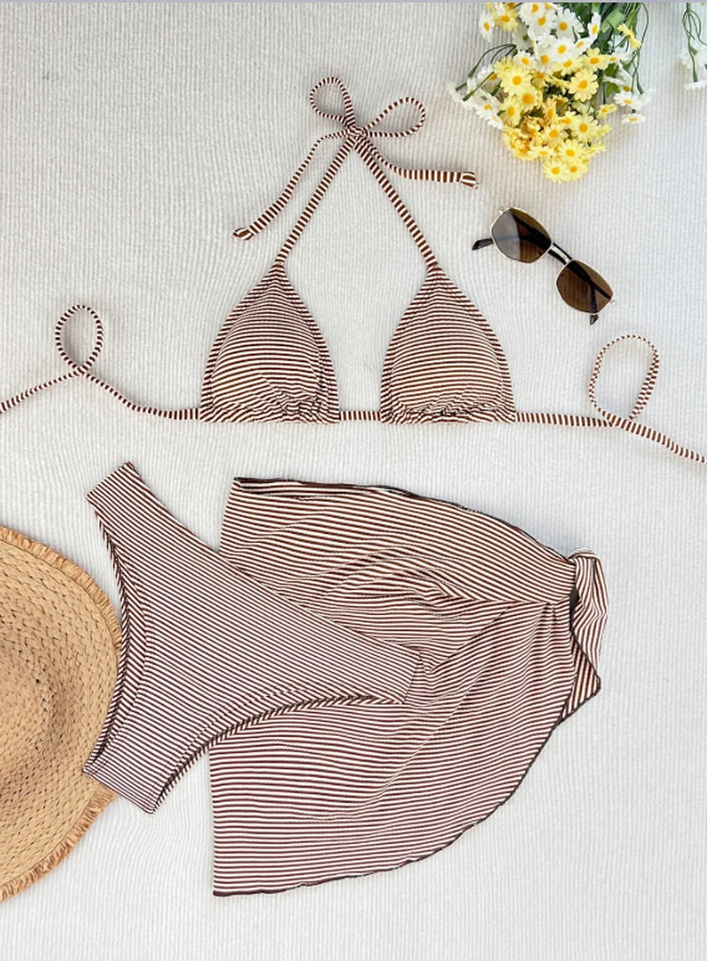 Women's 3 Piece Bikini Set with Wrap Coverup Halter Triangle Swimsuits
