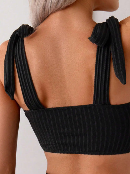 Sexy Black Bikini Set 2026 Women Tie Strap Ribbed Push Up Bra High Waist Swimsuit Summer Holiday Bathing Suit Two Piece Swimwear