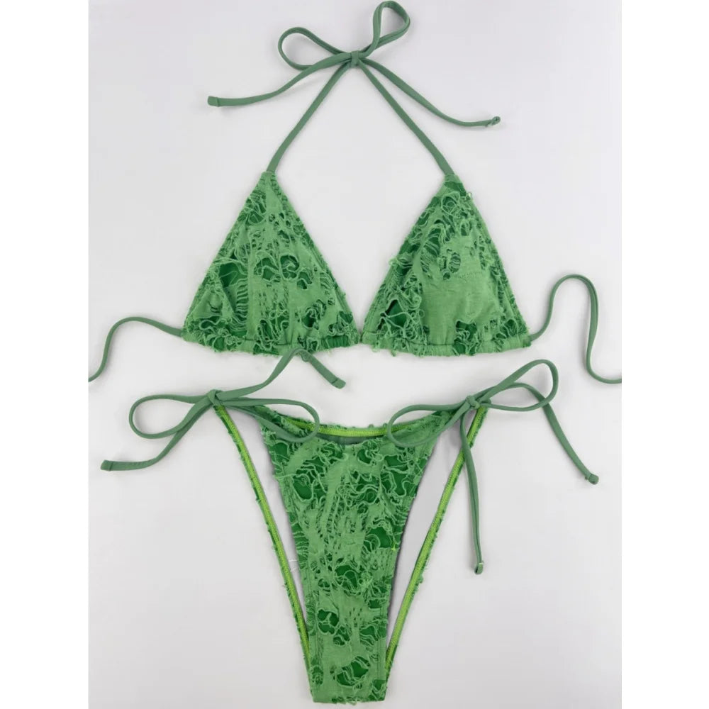 Gothic Grunge Swimsuit Distressed Micro Bikini Y2K Bathing Suits Halter Strappy Lace Up 2026 Trend Woman Punk New Beach Swimwear