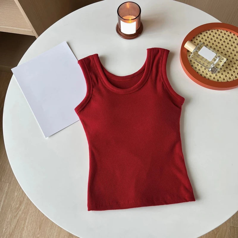 Women Solid Basic T-shirts Summer Vest Bra Tops With Pad Streetwear Y2K Elastic Rib-Knit Sleeveless Casual Tank Tops Female