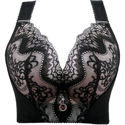 Plus Size Push Up Bra Sexy Lace Underwire - Full Coverage Lingerie for Curvy Women, Wide Side Wings & Thin Cup Support Big Bust