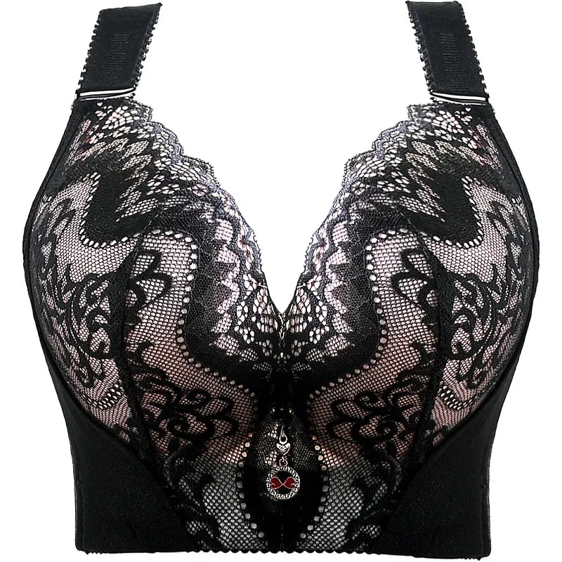 Plus Size Push Up Bra Sexy Lace Underwire - Full Coverage Lingerie for Curvy Women, Wide Side Wings & Thin Cup Support Big Bust