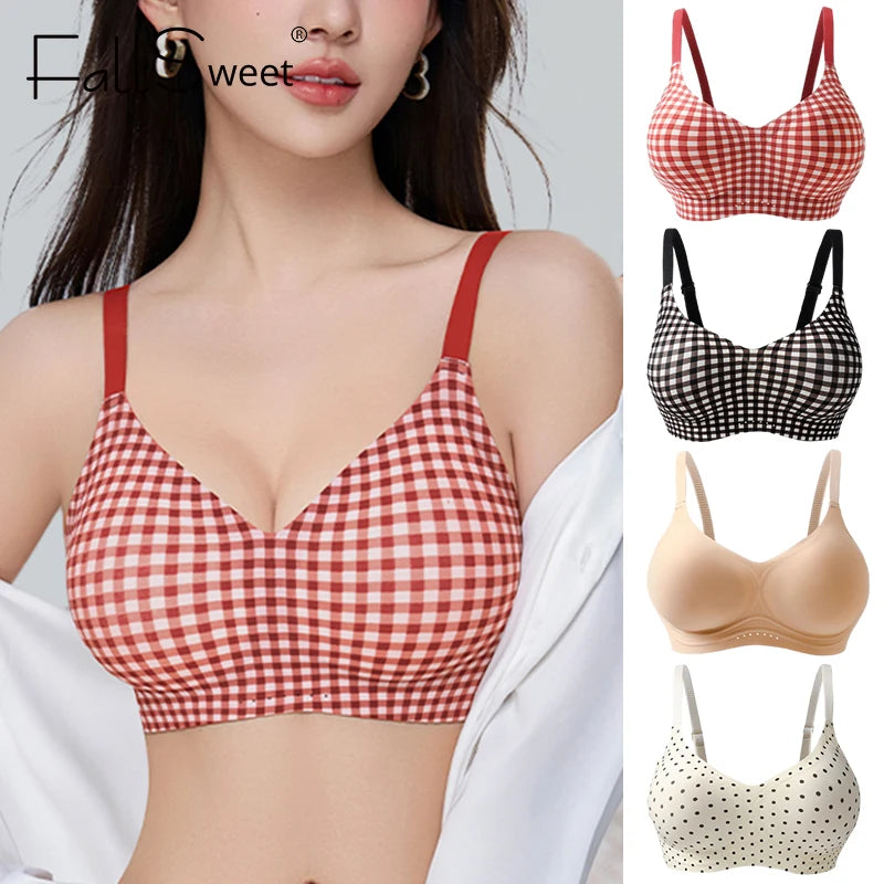 FallSweet Classical Red Plaid Push Up Bra for Women Seamless Wireless Bralette Female Invisible Brassiere Small Breasts Lingerie