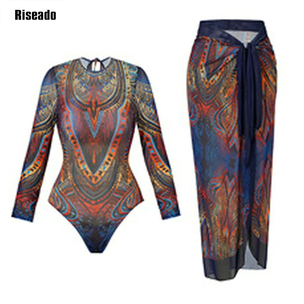 Riseado Mesh Swimsuit with Long Pants & Swimdress Long Sleeve Mesh Beachwear Sexy High Waist Bathing Suit Smart Beach Clothing