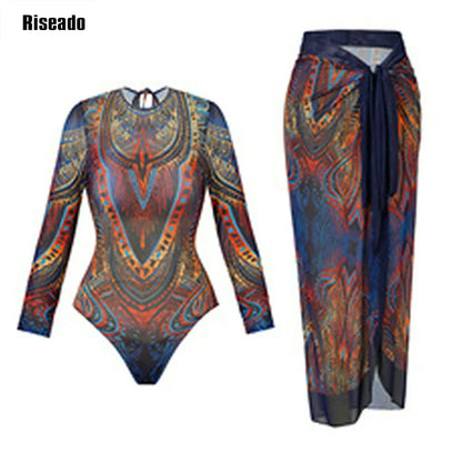 Riseado Mesh Swimsuit with Long Pants & Swimdress Long Sleeve Mesh Beachwear Sexy High Waist Bathing Suit Smart Beach Clothing