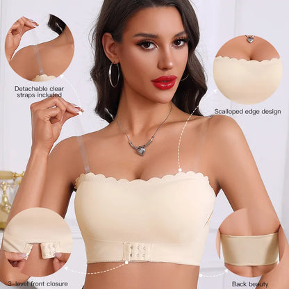Women's Strapless Front Closure Bra Wireless Bandeau Non-slip Underwear Wavy Edge Chest Wraps Padded Push Up Tube Top Bralette