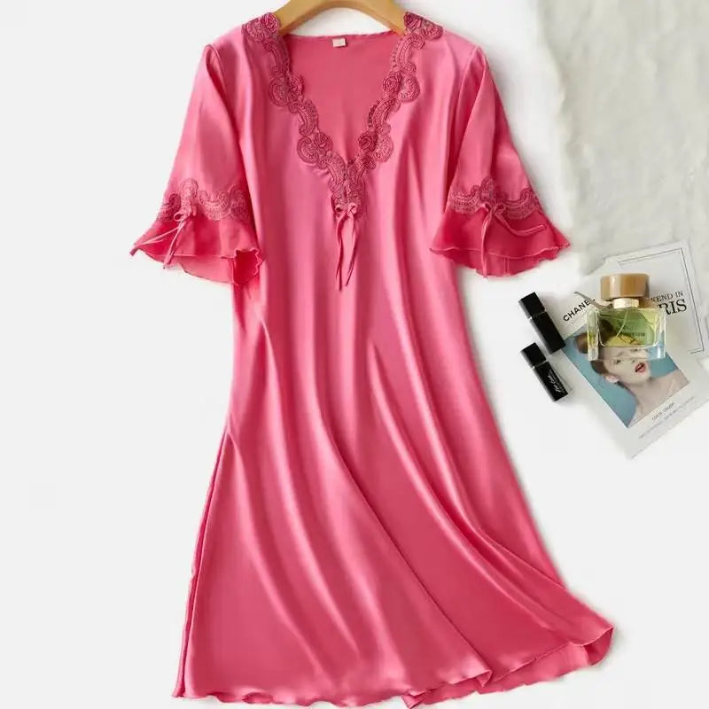 Female Long Nightdress Sexy Hollow Lace Sleepwear Home Dress Palace Style Princess Nightgown Nightwear Casual Satin Loungewear