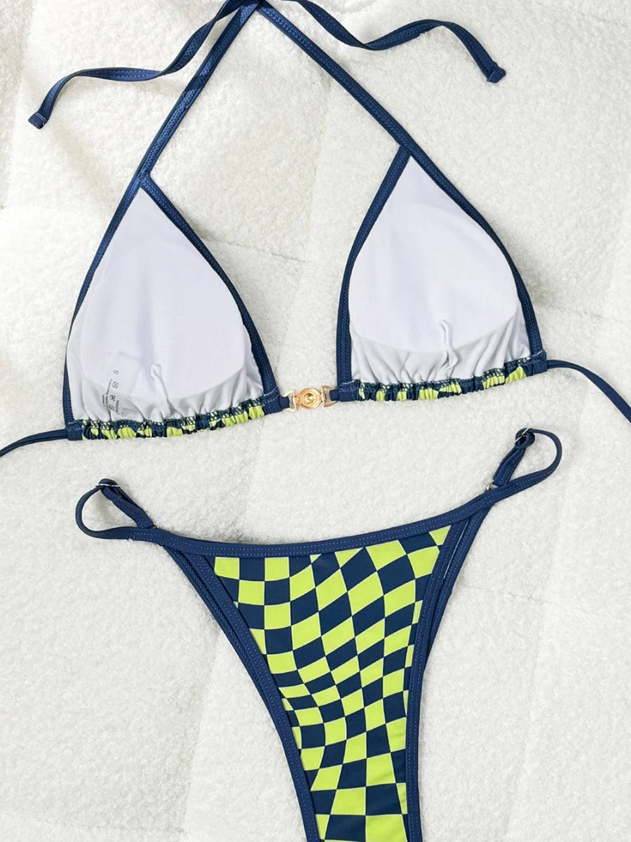 Sexy Swimsuit 2026 New Micro Bikini Women Plaid Swimwear Gold Ring High Leg Two Piece Bathing Suit Strappy Beachwear Biquini