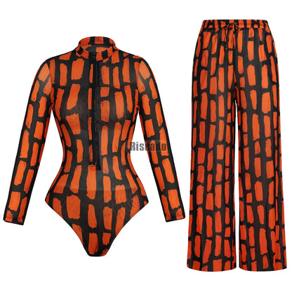 Riseado Mesh Swimsuit with Long Pants & Swimdress Long Sleeve Mesh Beachwear Sexy High Waist Bathing Suit Smart Beach Clothing