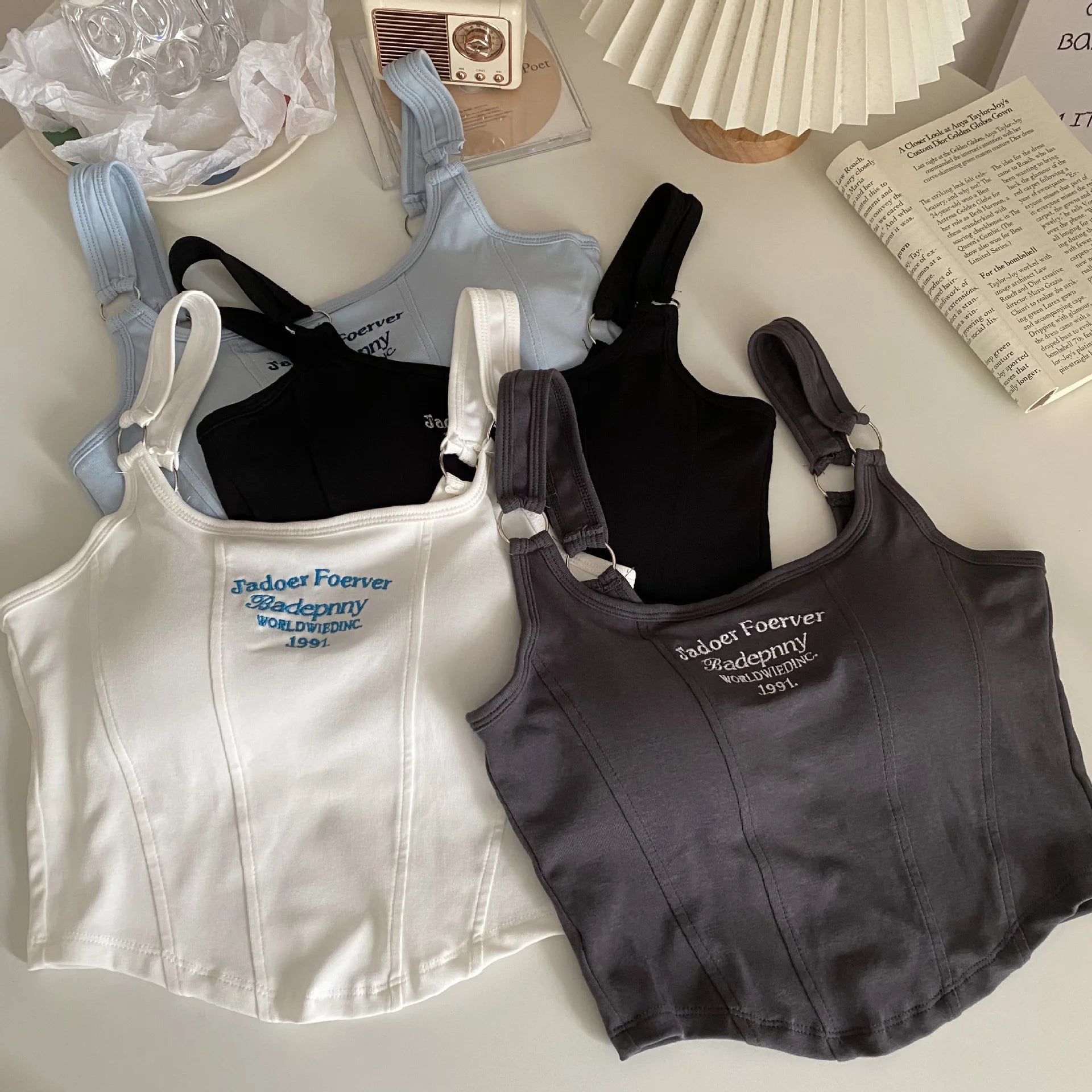 Female Women Print Sleeveless Crop Top Tank Tops Sexy Vest Letters Solid Short Women's T-shirt Camisole Crop Top with Bra Pad