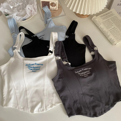 Female Women Print Sleeveless Crop Top Tank Tops Sexy Vest Letters Solid Short Women's T-shirt Camisole Crop Top with Bra Pad