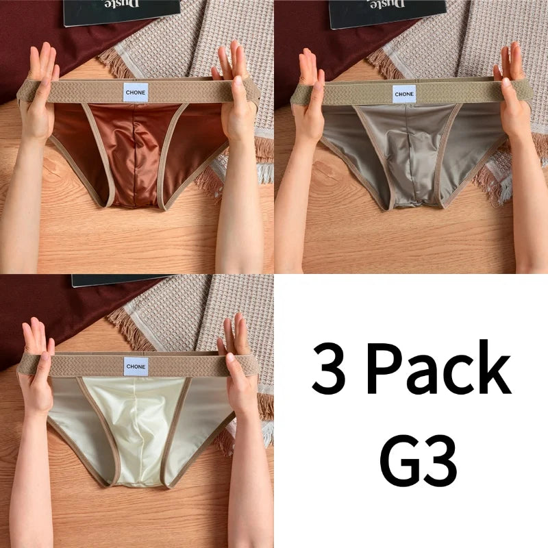 3pcs【LORIEN CREST】Luxury Men's Satin-like Ice Silk Briefs High Elastic Ultra Soft Breathable Antibacterial Comfortable Underwear