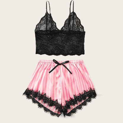 Summer Silk Satin Women's V-Neck Sexy Lace Suspender Pajama Shorts Set Stripes Heart Casual Women's Sleeveless Sexy Pajama Set