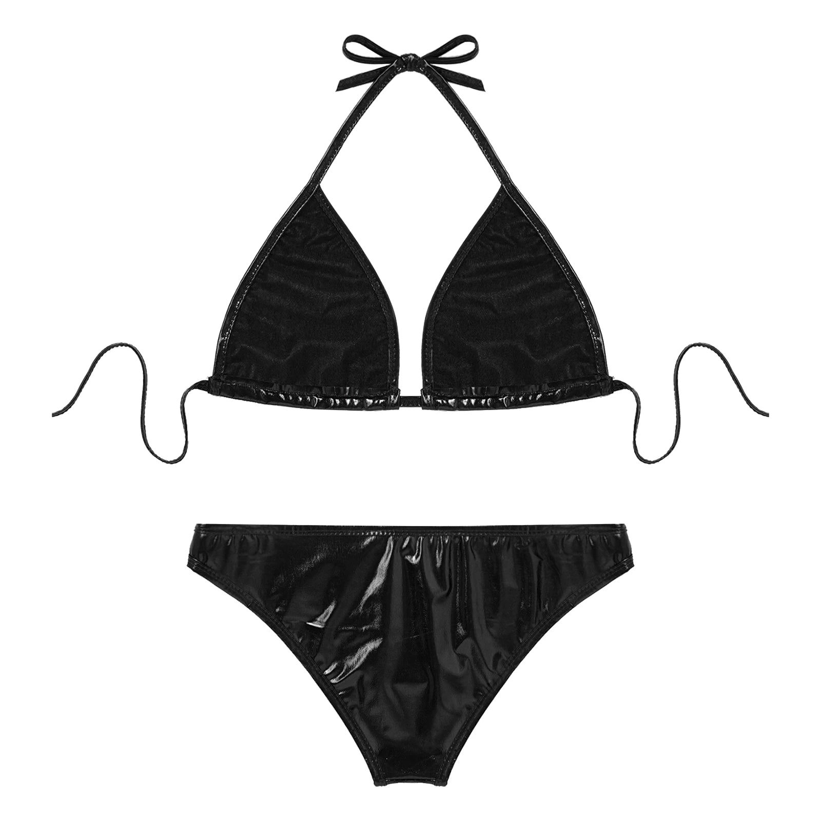 Women's Metallic Shiny Halter Brazilian Bikini Swimwear with O-Ring Detail Swimsuit for Pool Party And Swimming