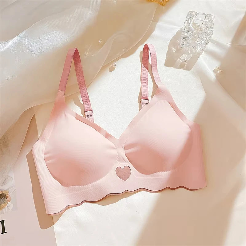 Sexy Push Up Bras For Women Love Heart Pattern Brassiere Deep V Neck Cute Underwear Female Seamless Wireless Soft Lingerie