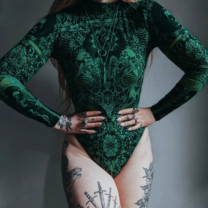 Gothic Print Naked See Through Bodycon Jumpsuits Y2K Lace Mesh Long Sleeve Slim Bodysuits Women Summer T-Shirts Tops Streetwear