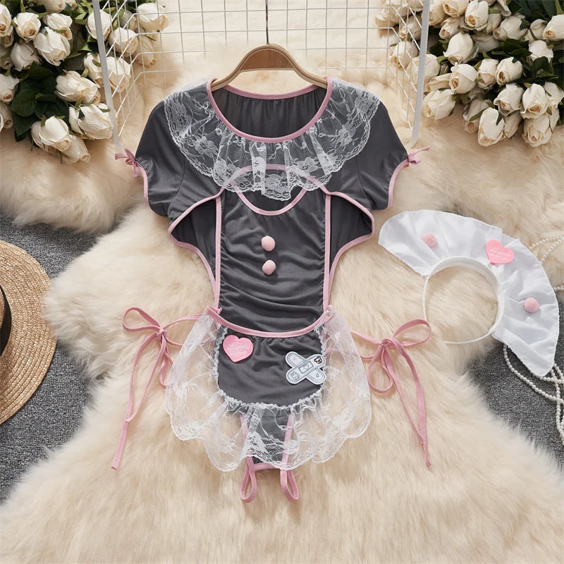 Women Strap Hollow Out Backless French Style Striped Erotic Playsuits Cosplay Slim Fit Underwear Black Lingerie Sexy Bodysuits