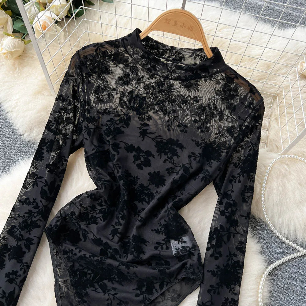 Women's Sexy Lace Bodysuit Flocked Print Sheer Mesh Leotard Long Sleeve See Through Jumpsuit Clubwear Lingerie for Valentine Par