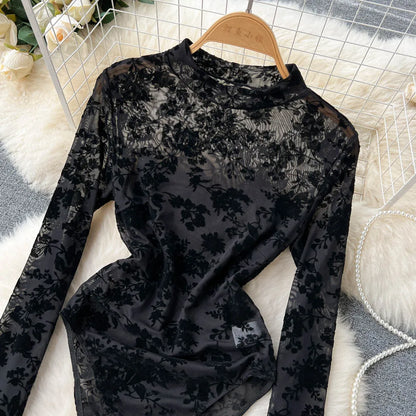 Women's Sexy Lace Bodysuit Flocked Print Sheer Mesh Leotard Long Sleeve See Through Jumpsuit Clubwear Lingerie for Valentine Par