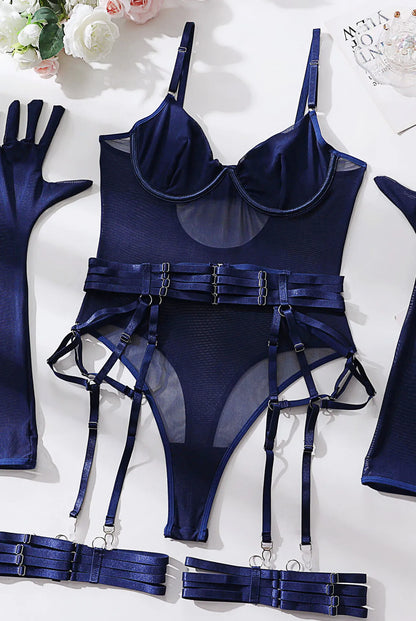 Bodysuit Sexy One-piece With Gloves Garters Mesh Women Rompers Clothing Body Suits Lace Jumpsuit Sweet Korean Women EV5W