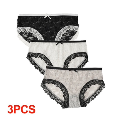 3 Pcs Sexy Lace Panties Seamless Low Waist Ultra-thin Transparent Bow Ladies Briefs Japanese Sweet Girl Panties L-XL