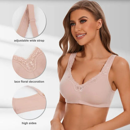 Women's Plus Size Floral Lace Cotton Bra Wire-Free Non-Foam Comfort Wide Straps Full Coverage Sleep Underwear Soft & Breathable