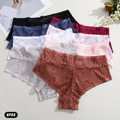 6pcs Women's Sexy Lace Breathable Panties Seamless High Waist Transparent G-String Solid Color Hollow Breathable Underwear S-XXL