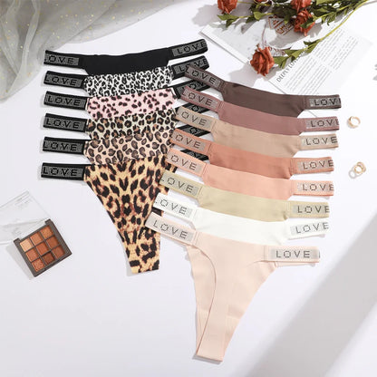 7Pcs/Set Printed Leopard Crystal Letter Thongs For Women Fashion Low Waist Soft Breathable Underpants Female Traceless G-string