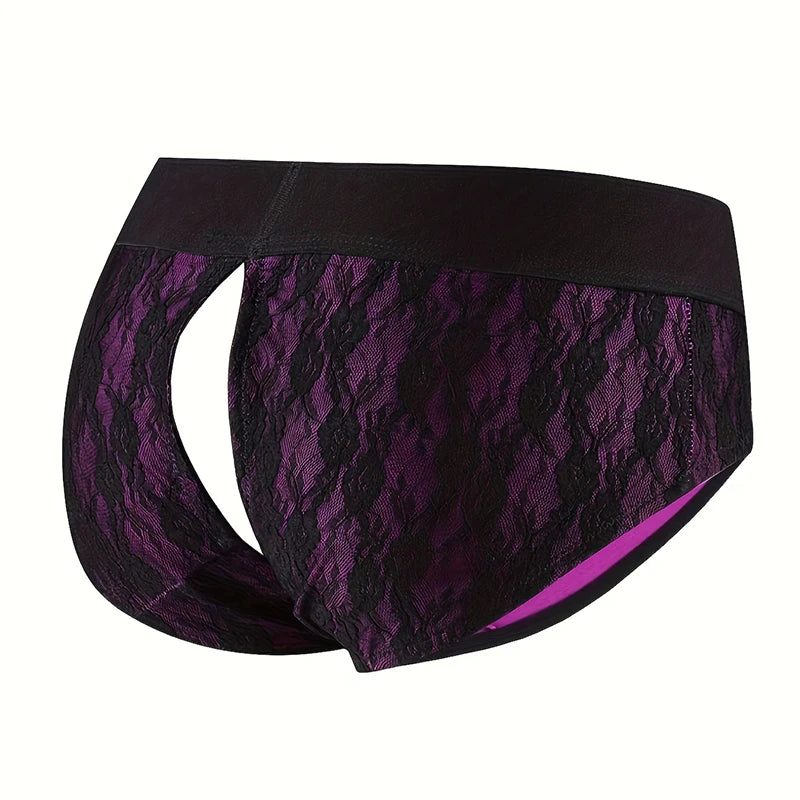 Purple Lace Low-Rise Briefs with Sexy Cut-Out Detail - 1.77inch(4.5cm) Silicone O-Ring Stretch Nylon Strap On Harness Briefs