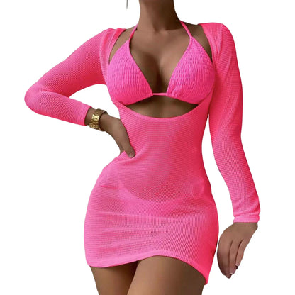 3Pcs/Set Women Bikini Set Halter Bra Lace-up Swimsuit Set With Mesh Yarn Cover Up Dress Solid Color Knitted Swimwear For Women
