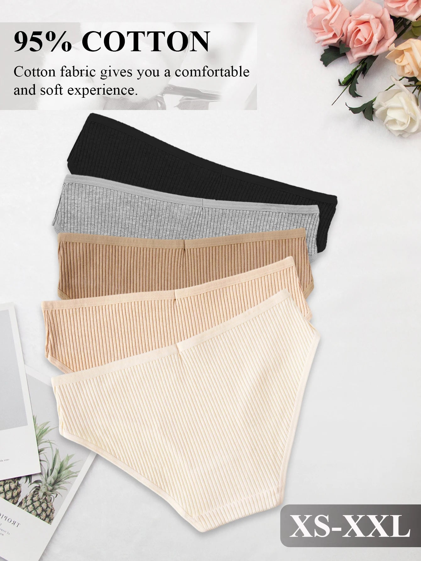 10PCS Women's Pure Cotton Panties Ribbed Briefs Low-Rise Breathable Female Soft Underwear Solid Colors Lingerie Stylish Casual