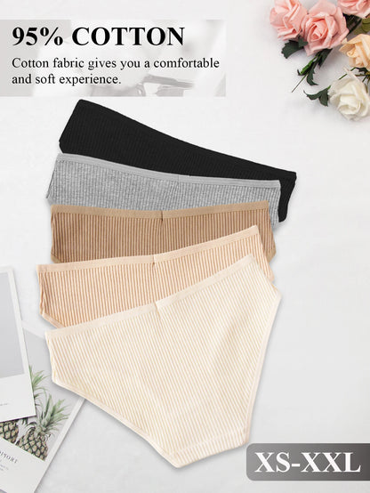 10PCS Women's Pure Cotton Panties Ribbed Briefs Low-Rise Breathable Female Soft Underwear Solid Colors Lingerie Stylish Casual